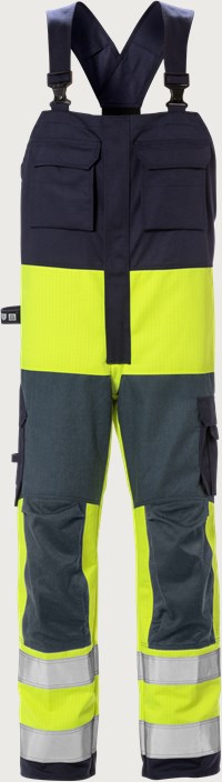 Fristads Flamskyddad hängslebyxa 1584 FLAM, klass 2 – Varsel Gul/Marinblå (171)