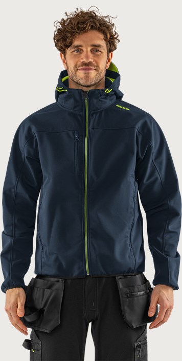 Fristads Softshell-jacka med huva 4655 GBF – Mörk marinblå/Neongul (557)