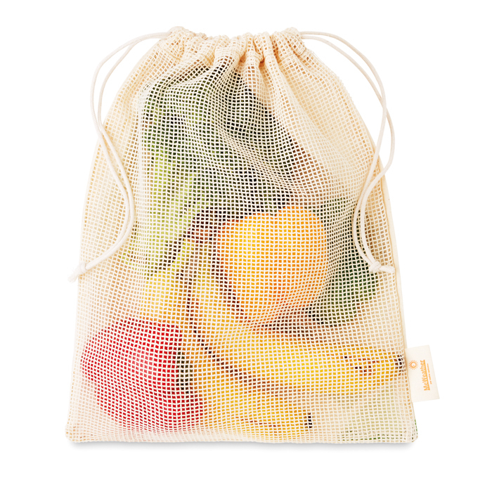 Matkasse i bomull med nät på 1 sida (30x35cm). Certifierad för kontakt med livsmedel