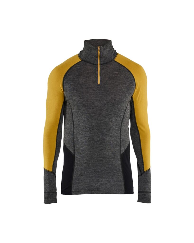 Blåkläder 4899-1732 Underställ tröja zip WARM, 100% Merinoull – Mellangrå/Gul