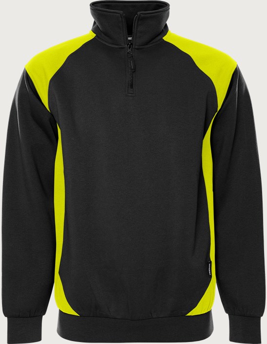 Fristads Green sweatshirt med kort dragkedja 7048 GSM – Svart/Neongul (982)